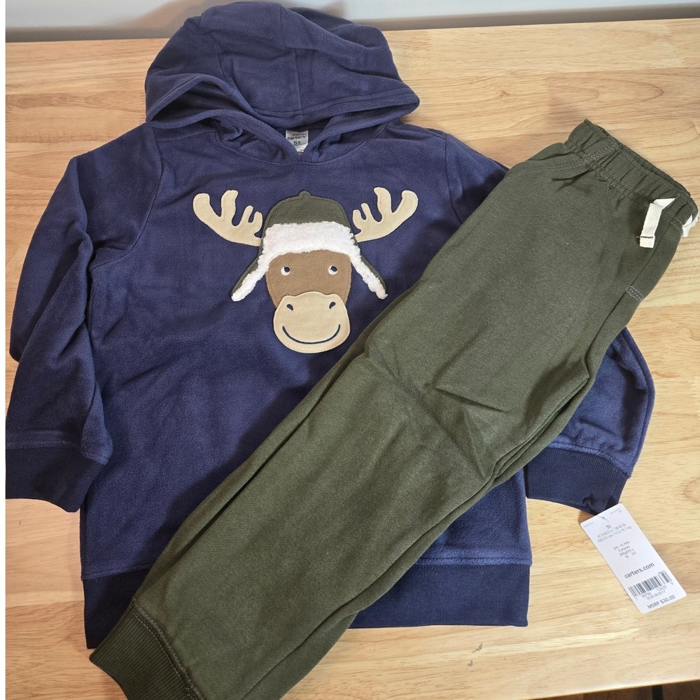 Carters Toddler Boys 5T Fleece Hoodie and Joggers Set Navy Moose Green 2pc NWT